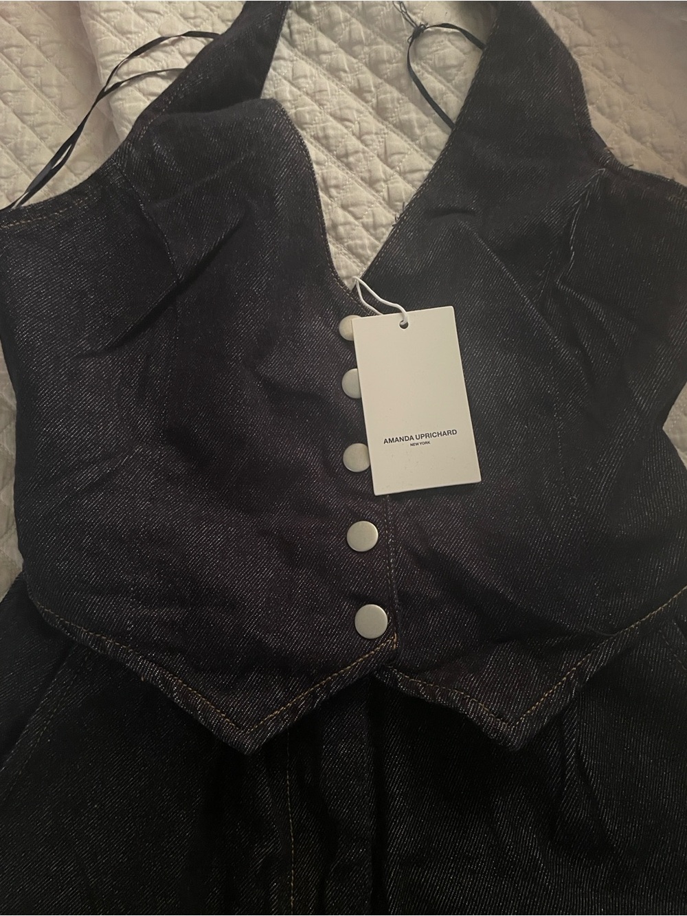 NWT Revolve x Amanda Uprichard dark navy Halter Button-Front Denim Jumpsuit - Picture 2 of 3